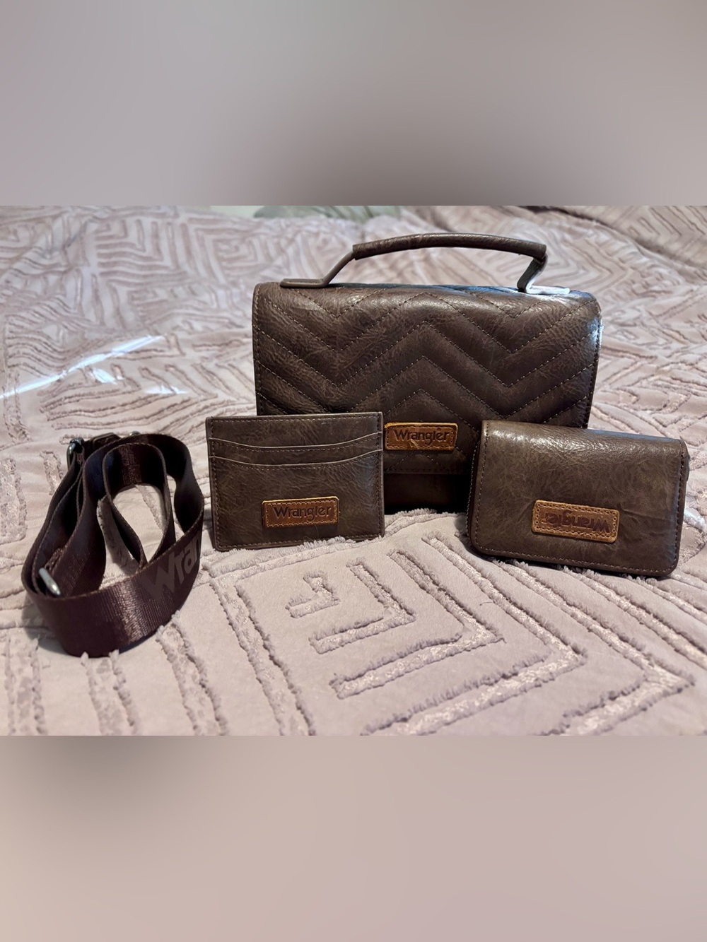 Wrangler Dark Brown Quilted Crossbody Set with Card Holder & Wallet